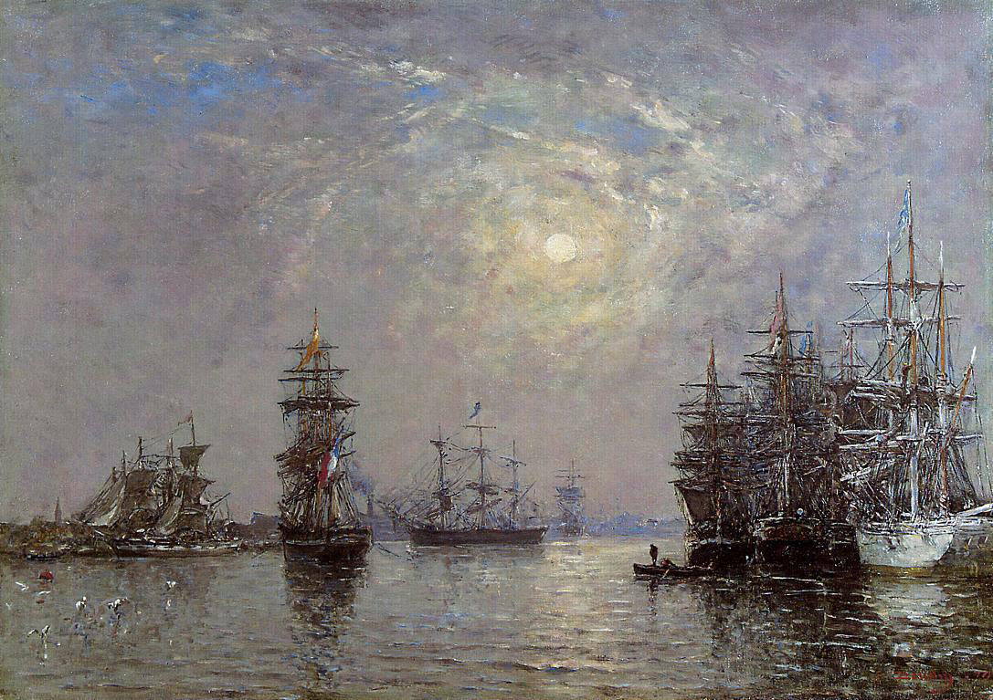  Eugene-Louis Boudin Le Havre: European Basin, Sailing Ships at Anchor, Sunset - Hand Painted Oil Painting