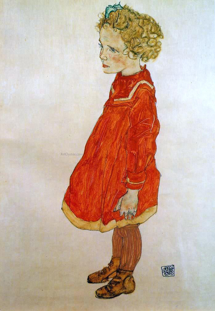 Egon Schiele Little Girl with Blond Hair in a Red Dress - Hand Painted Oil Painting