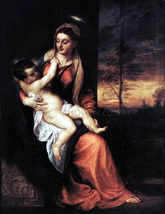  Titian Madonna and Child in an Evening Landscape - Hand Painted Oil Painting