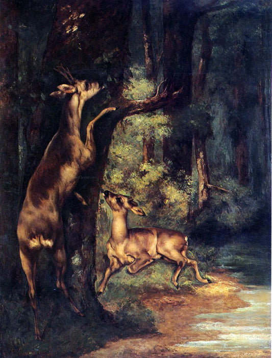  Gustave Courbet Male and Female Deer in the Woods - Hand Painted Oil Painting