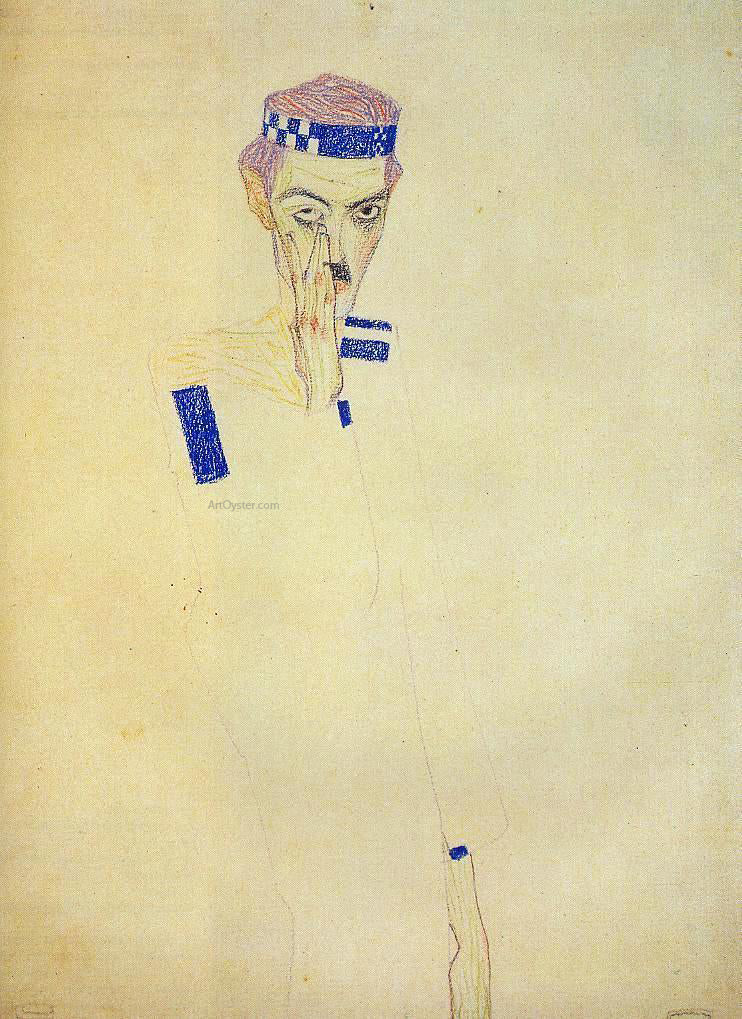  Egon Schiele Man with Blue Headband and Hand on Cheek - Hand Painted Oil Painting