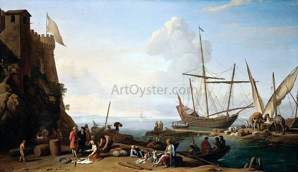  Adrien Manglard Mediterranean Harbour Scene - Hand Painted Oil Painting