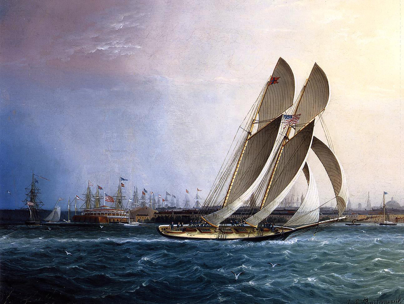  James E Buttersworth New York Yacht Club 'Comet' off the Battery - Hand Painted Oil Painting