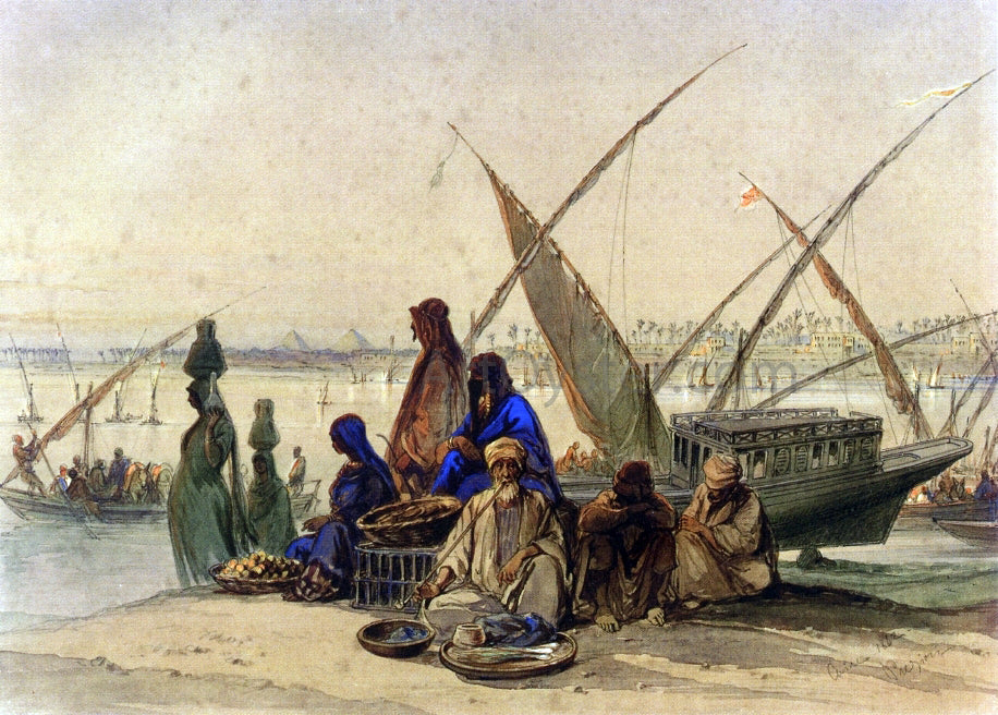  Count Amadeo Preziosi On the Banks of the Nile, Cairo - Hand Painted Oil Painting