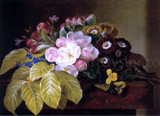  Johan Laurentz Jensen Pansies, Appleblossoms, Gloxinia, Phlox and Primula Auricula on a Brown Marble Ledge - Hand Painted Oil Painting