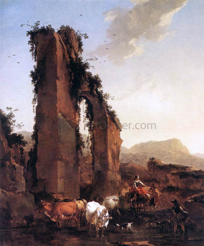  Nicolaes Berchem Peasants with Cattle by a Ruined Aqueduct - Hand Painted Oil Painting
