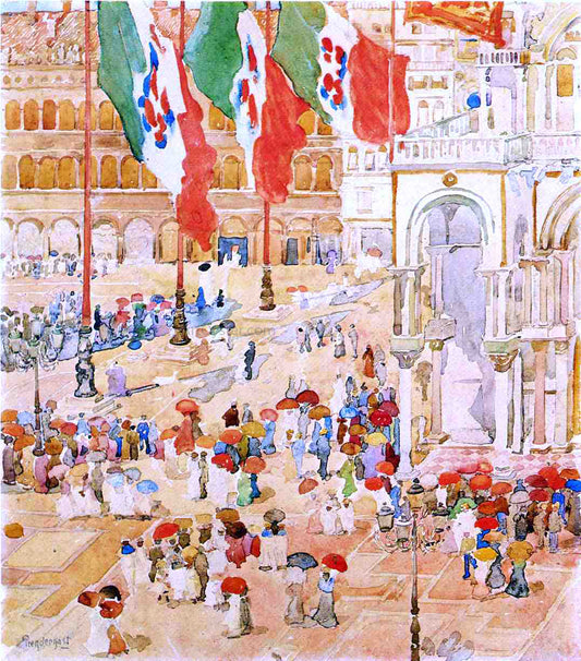  Maurice Prendergast Piazza of St. Marks (also known as The Piazza, Flags, Venice) - Hand Painted Oil Painting