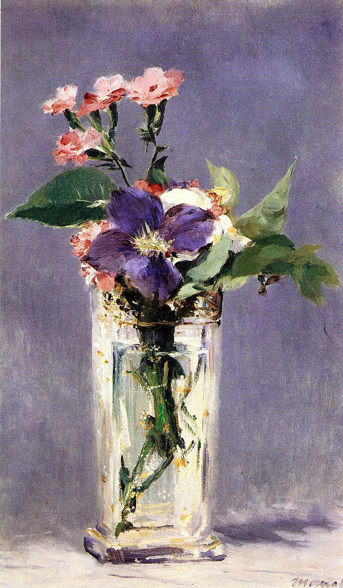  Edouard Manet Pinks and Clematis in a Crystal Vase - Hand Painted Oil Painting