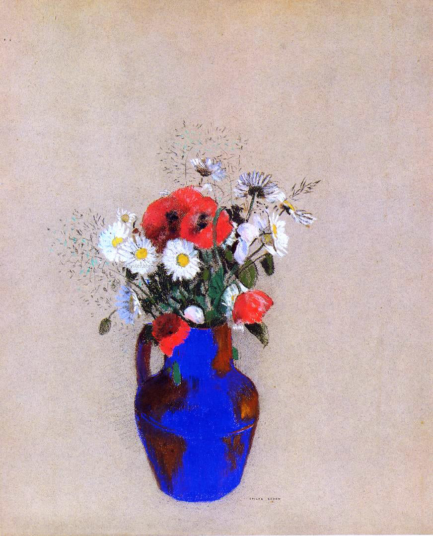  Odilon Redon Poppies and Daisies in a Blue Vase - Hand Painted Oil Painting