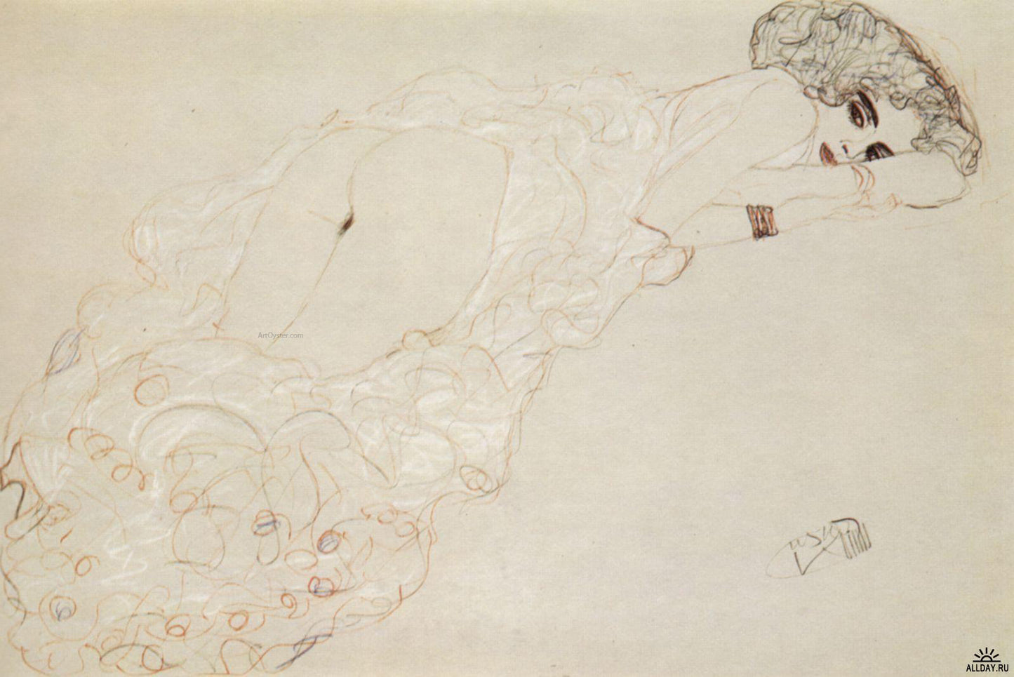  Gustav Klimt Reclining Nude Lying on Her Stomach and Facing Right - Hand Painted Oil Painting