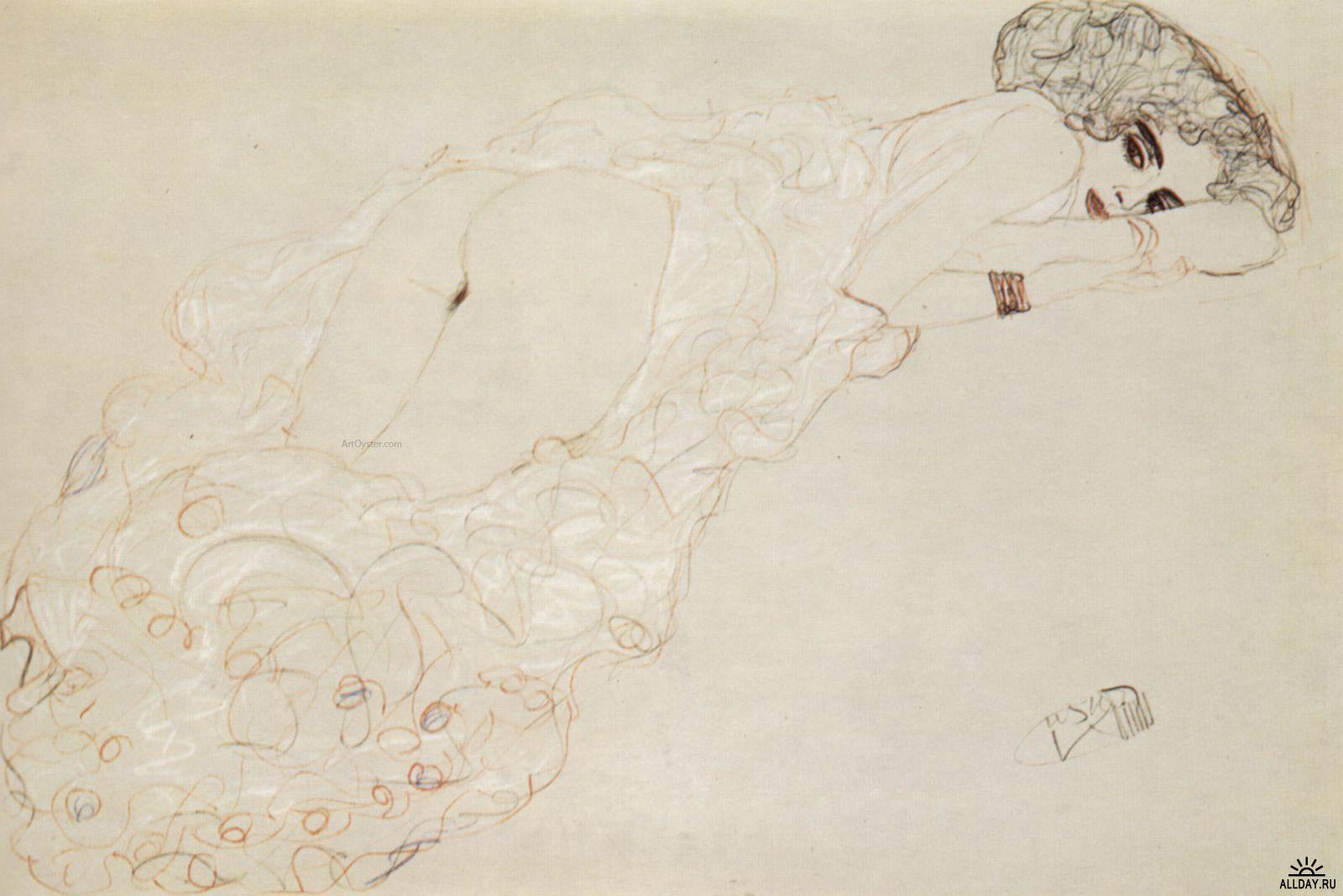  Gustav Klimt Reclining Nude Lying on Her Stomach and Facing Right - Hand Painted Oil Painting