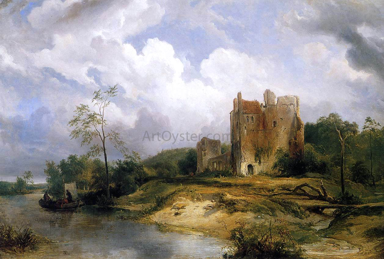  Wijnandus Josephus Nuyen River Landscape with Ruins - Hand Painted Oil Painting