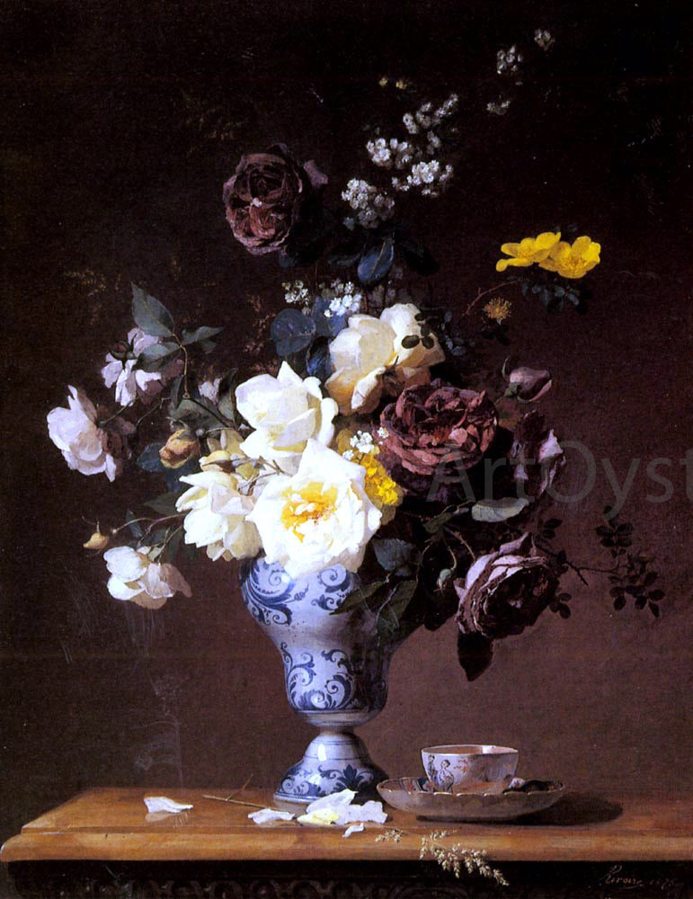  Francois Rivoire Roses and Other Flowers in a Blue and White Vase and a Teacup on a Ledge - Hand Painted Oil Painting