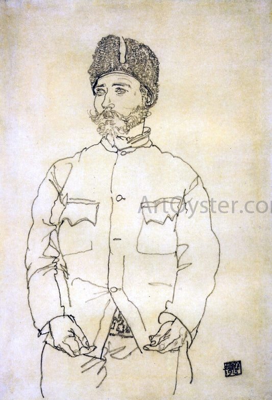  Egon Schiele Russian Prisoner of War with Fur Hat - Hand Painted Oil Painting