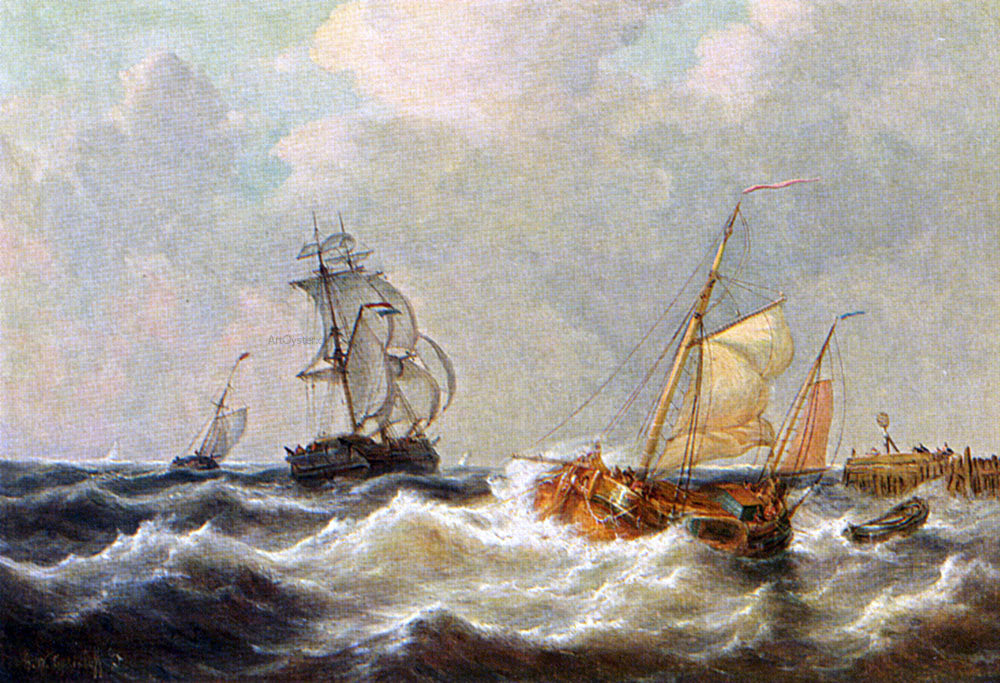  George Willem Opdenhoff Sailing Vessels In Choppy Waters - Hand Painted Oil Painting