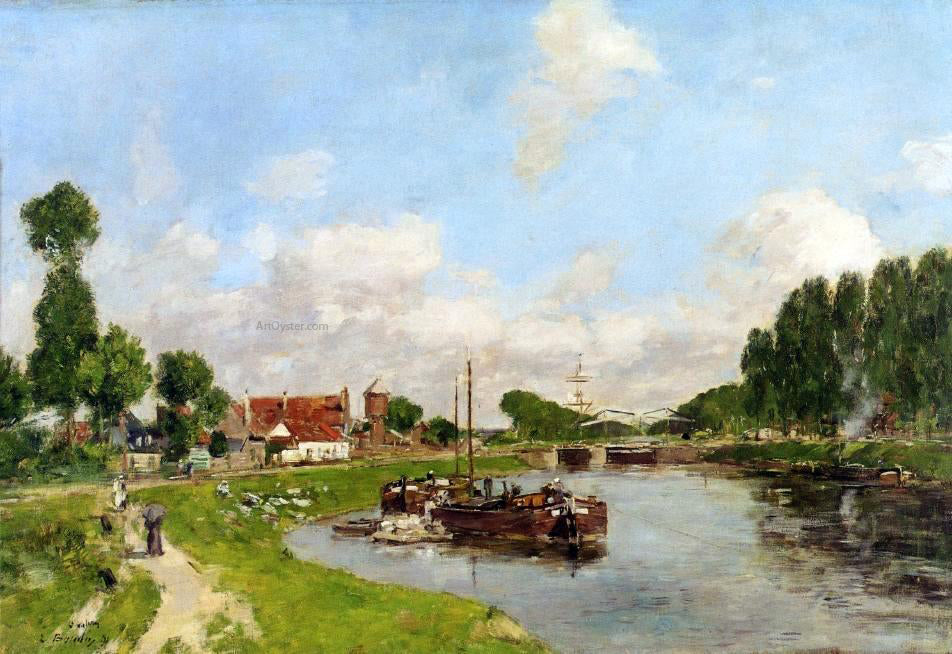  Eugene-Louis Boudin Saint-Velery-sur-Somme, Barges on the Canal - Hand Painted Oil Painting
