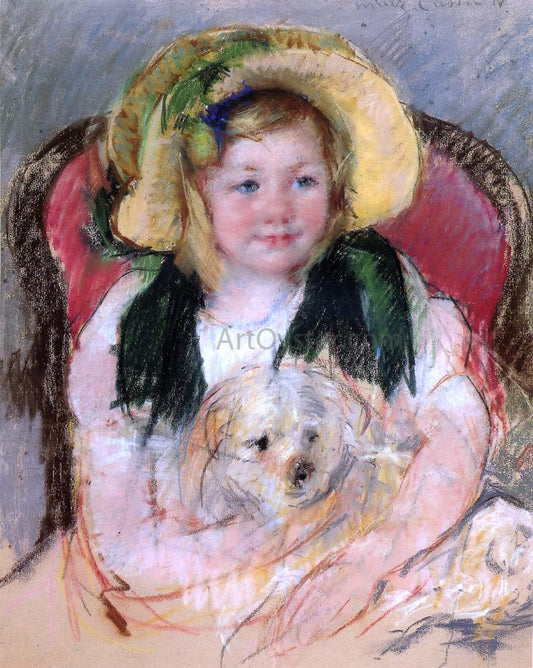  Mary Cassatt Sara with Her Dog, in an Armchair, Wearing a Bonnet with a Plum Ornament - Hand Painted Oil Painting