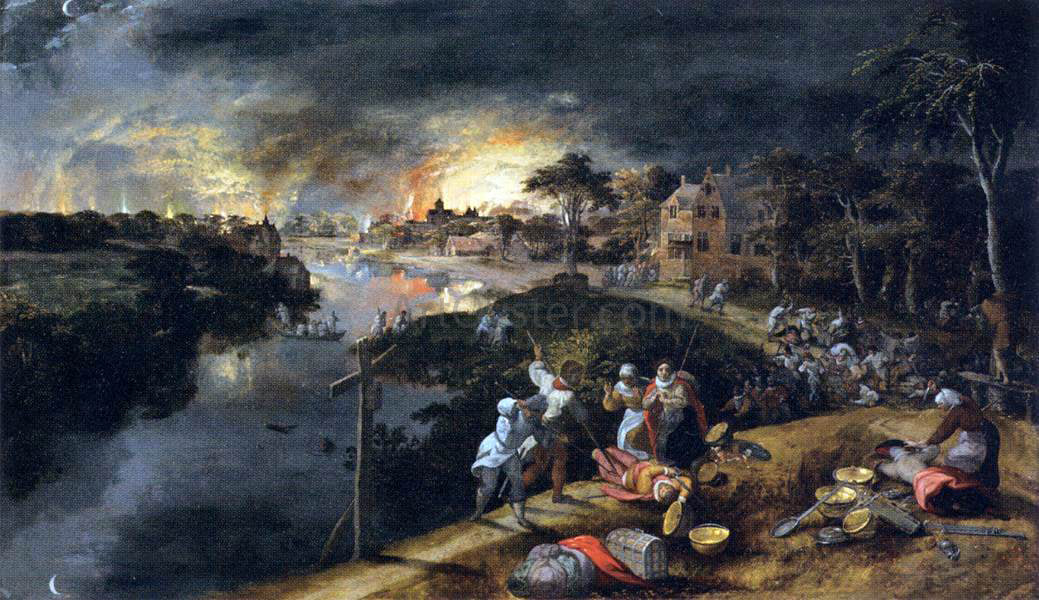  Gillis Mostaert Scene of War and Fire - Hand Painted Oil Painting