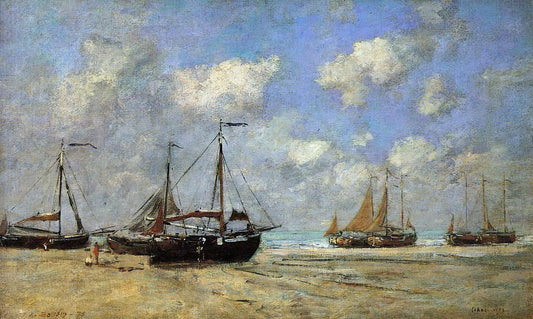  Eugene-Louis Boudin Scheveningen, Boats Aground on the Shore - Hand Painted Oil Painting