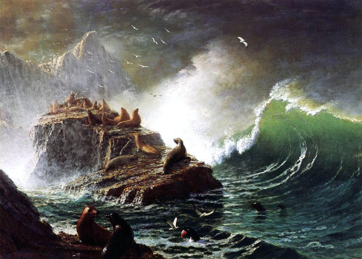  Albert Bierstadt Seals on the Rocks, Farallon Islands - Hand Painted Oil Painting