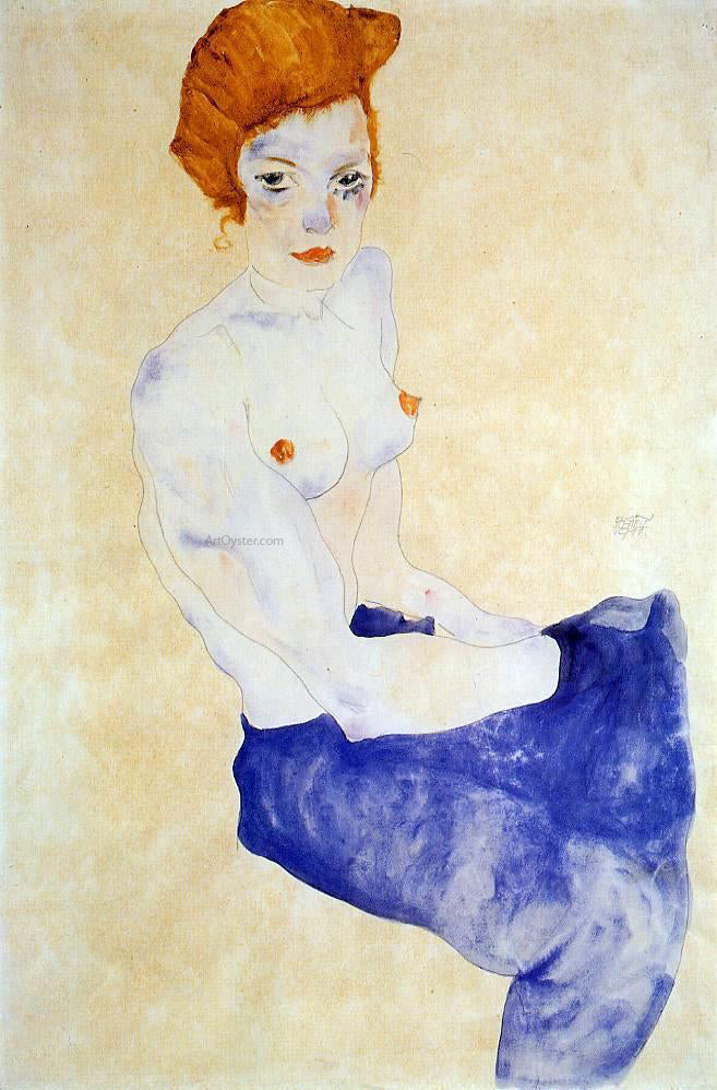  Egon Schiele Seated Girl with Bare Torso and Light Blue Skirt - Hand Painted Oil Painting
