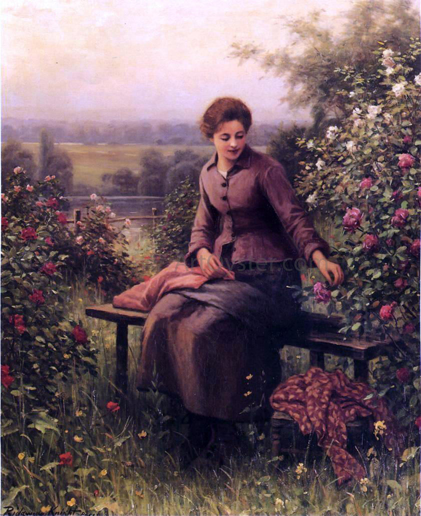  Daniel Ridgway Knight Seated Girl with Flowers - Hand Painted Oil Painting