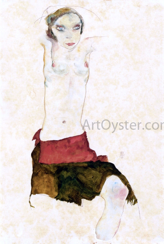  Egon Schiele Semi-Nude with Colored Skirt and Raised Arms - Hand Painted Oil Painting