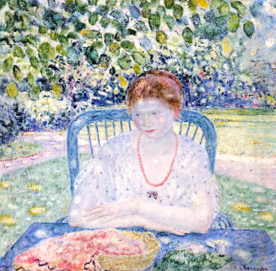 Frederick Carl Frieseke Sewing in the Garden - Hand Painted Oil Painting