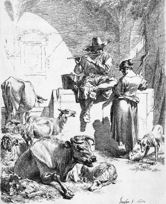  Nicolaes Berchem Shepherd at the Well with the Spinning Girl - Hand Painted Oil Painting