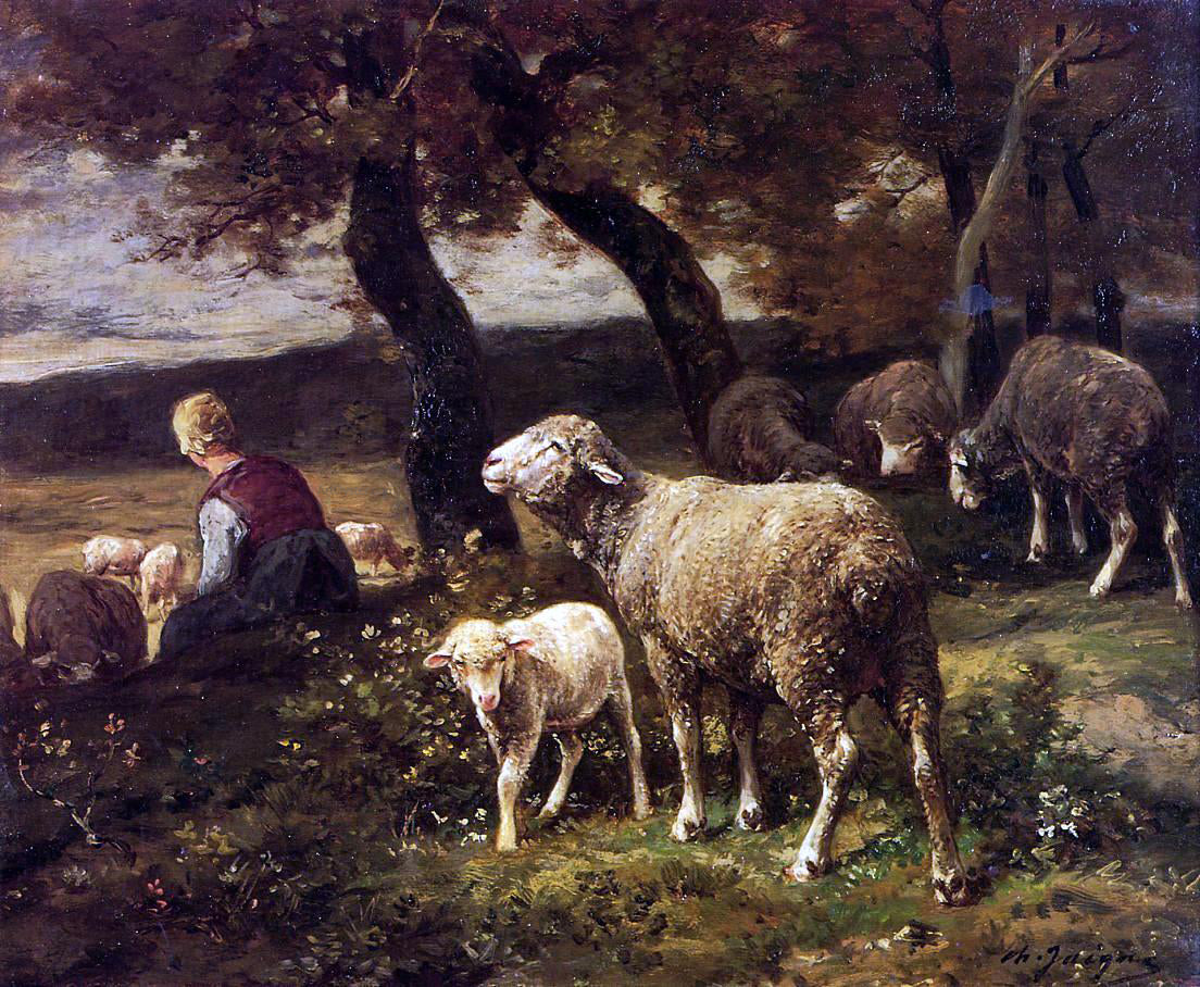  Charles Emile Jacque Shepherdess and Sheep - Hand Painted Oil Painting