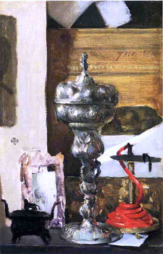  Julian Alden Weir Silver Chalice, Japanese Bronze and Red Tapir - Hand Painted Oil Painting