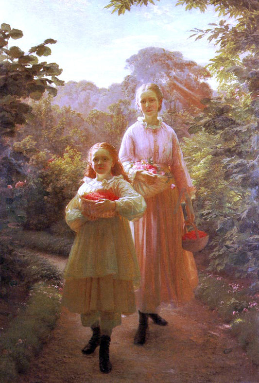  Ole Henrik Olrik Sisters Gathering Raspberries And Roses, Summer - Hand Painted Oil Painting