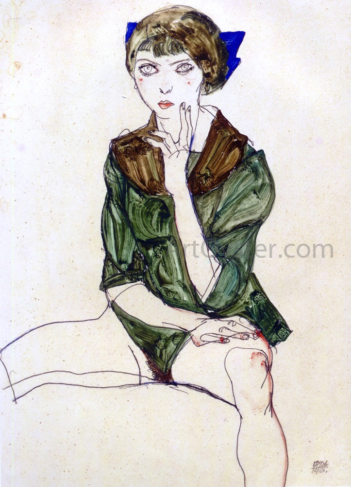  Egon Schiele Sitting Woman in a Green Blouse - Hand Painted Oil Painting
