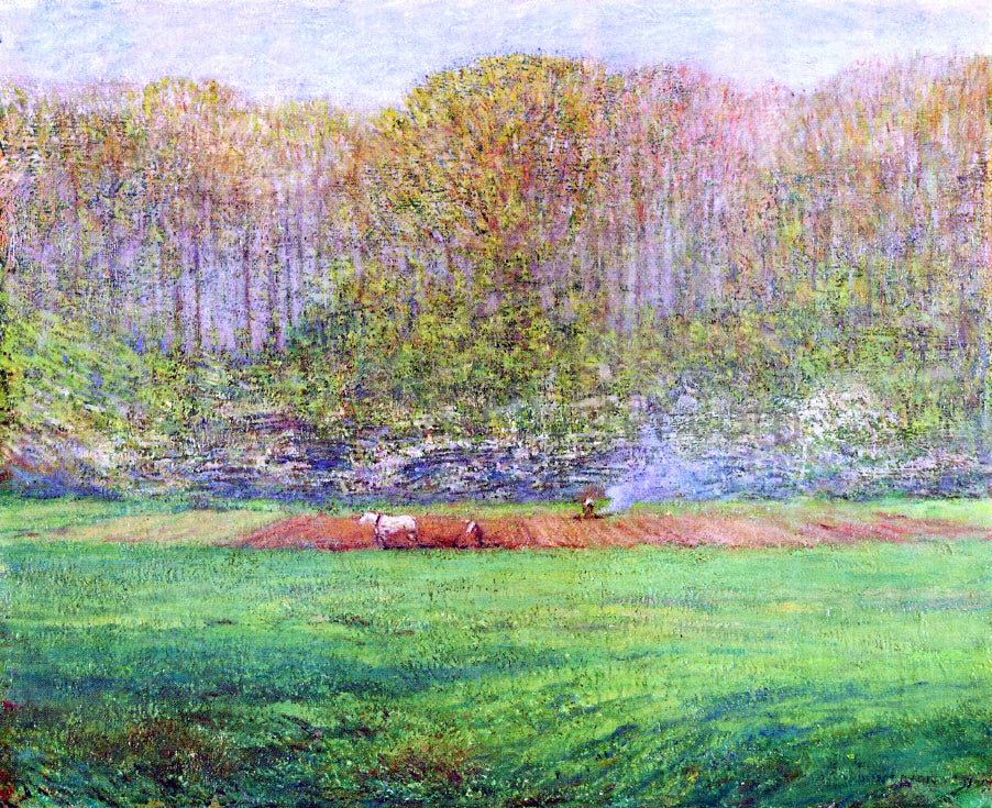  Dwight W Tryon Spring Landscape with a Farmer and White Horse - Hand Painted Oil Painting