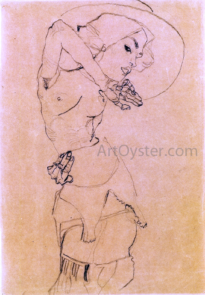 Egon Schiele Standing Nude with Large Hat (Gertrude Schiele) - Hand Painted Oil Painting