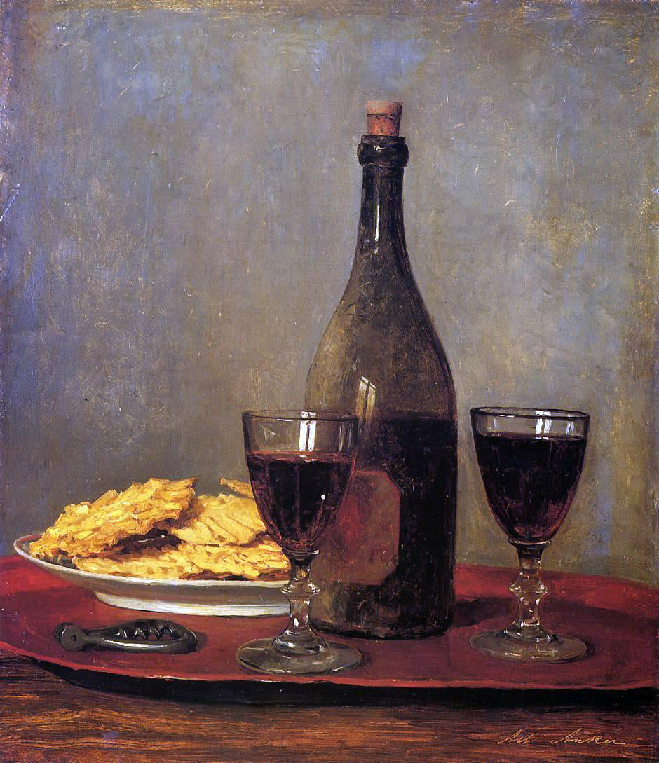  Albert Anker Still Life: Two Glass of Red Wine, a Bottle of Wine; a Corkscrew and a Plate of Biscuits on a Tray - Hand Painted Oil Painting