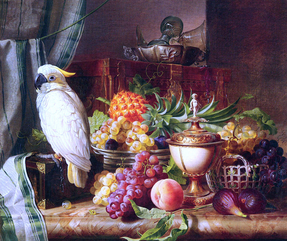  Josef Schuster Still Life with Fruit and a Cockatoo - Hand Painted Oil Painting