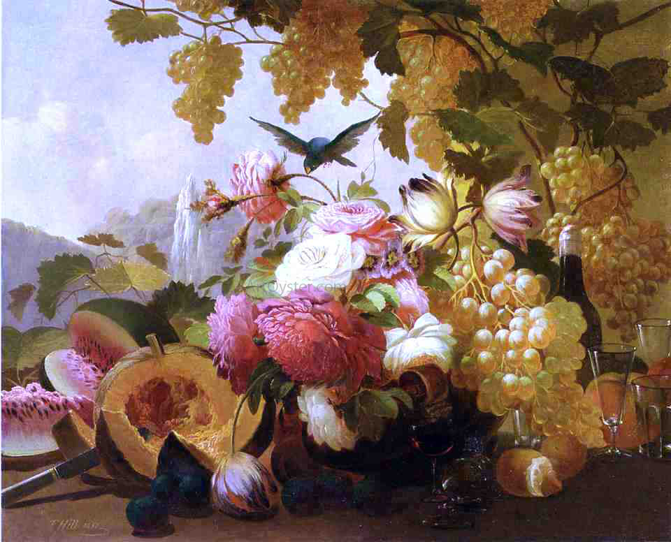  Thomas Hill Still Life with Roses and Wine Glasses - Hand Painted Oil Painting