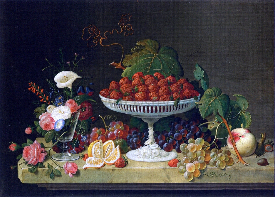  Severin Roesen Still Life with Strawberries and Goblet of Flowers - Hand Painted Oil Painting