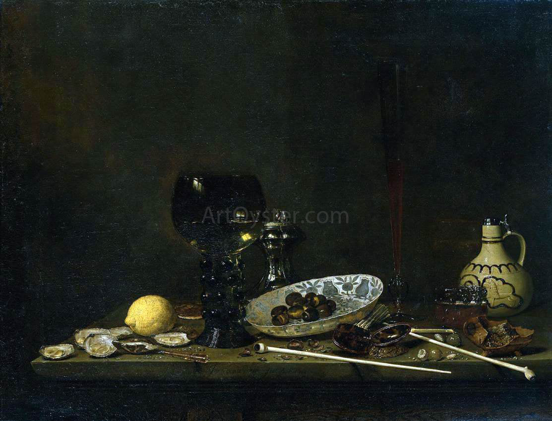  Jan Jansz Van de Velde Still-Life with Romer, Flute Glass, Earthenware Jug and Pipes - Hand Painted Oil Painting