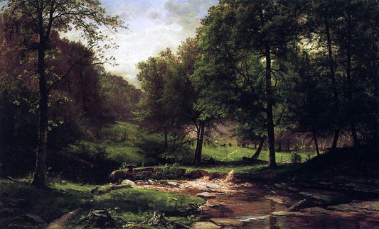  George Hetzel Stream with Field and Grazing Cattle - Hand Painted Oil Painting