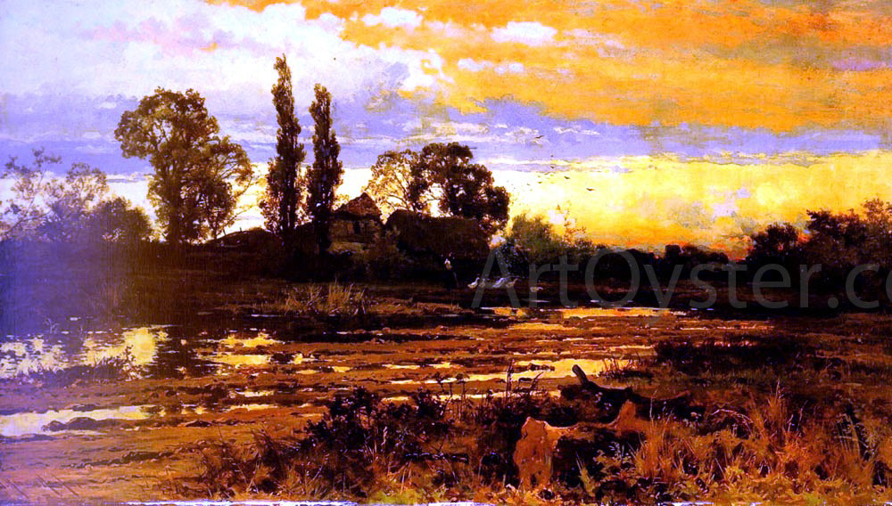  John Horace Hooper Sunset: a Figure feeding Geese in a Marsh Landscape - Hand Painted Oil Painting
