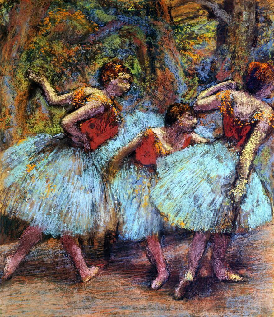  Edgar Degas Three Dancers, Blue Skirts, Red Blouses - Hand Painted Oil Painting