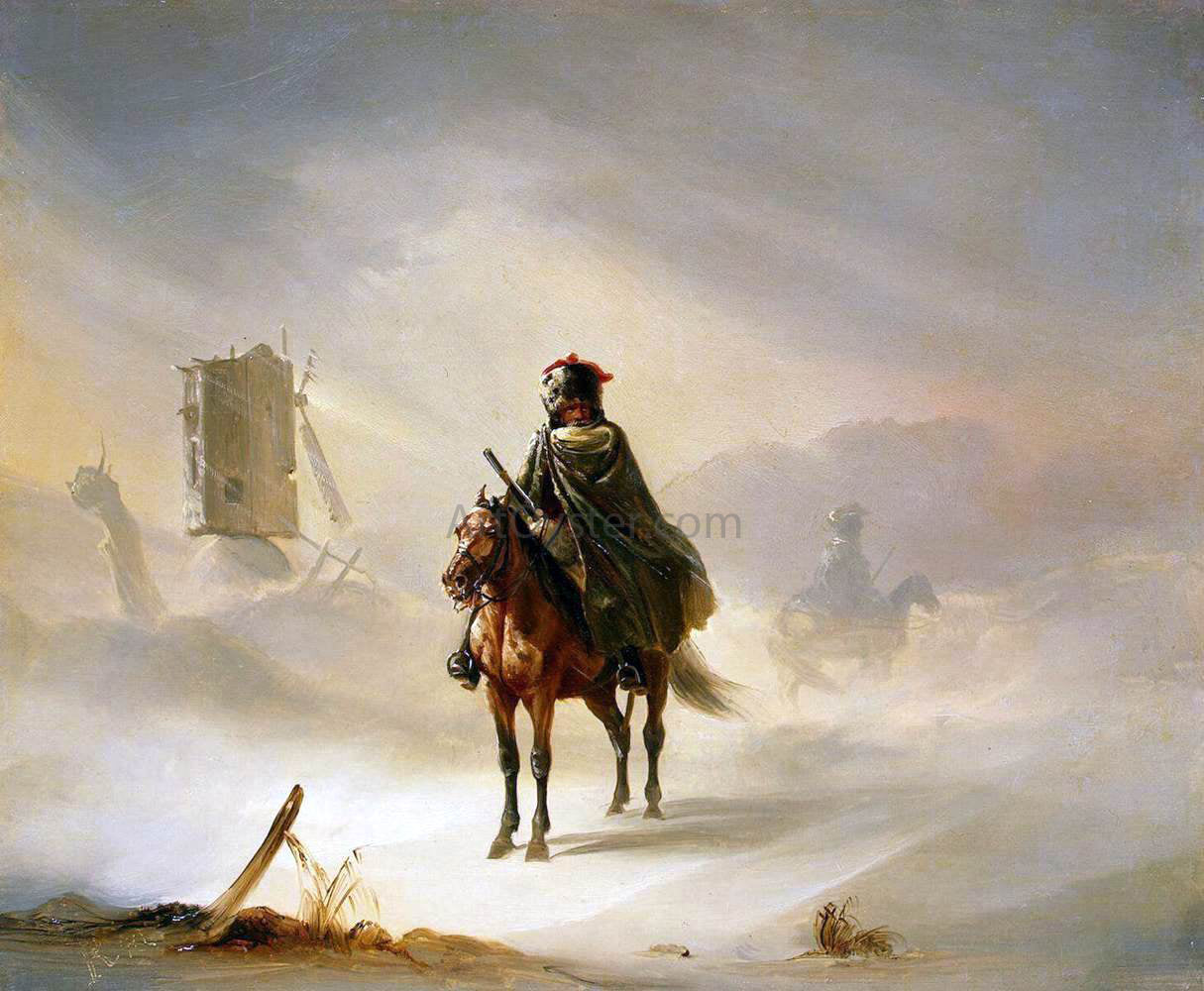  Auguste Raffet Two French Hussars on Patrol in Winter - Hand Painted Oil Painting