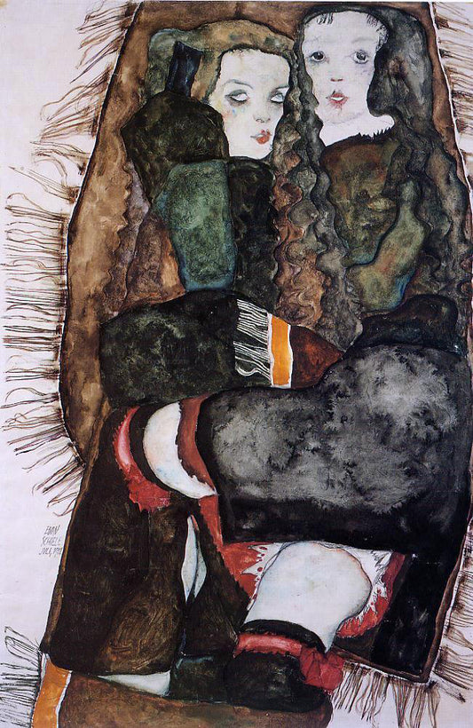  Egon Schiele Two Girls on a Fringed Blanket - Hand Painted Oil Painting