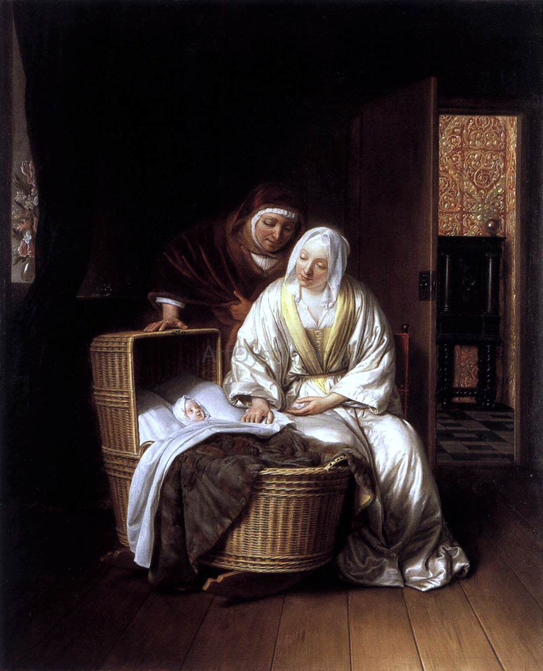  Samuel Van Hoogstraten Two Women by a Cradle - Hand Painted Oil Painting