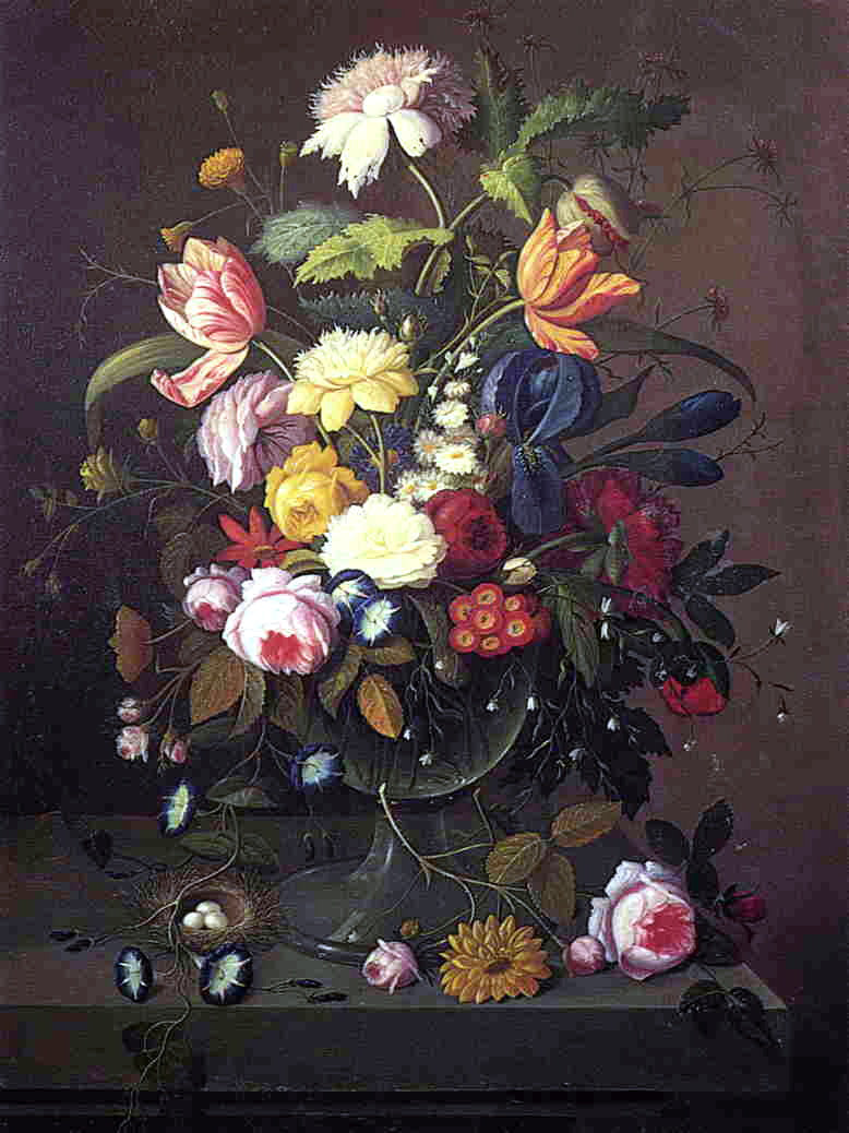  Severin Roesen Vase of Flowers in Footed Glass Bowl with Bird's Nest - Hand Painted Oil Painting