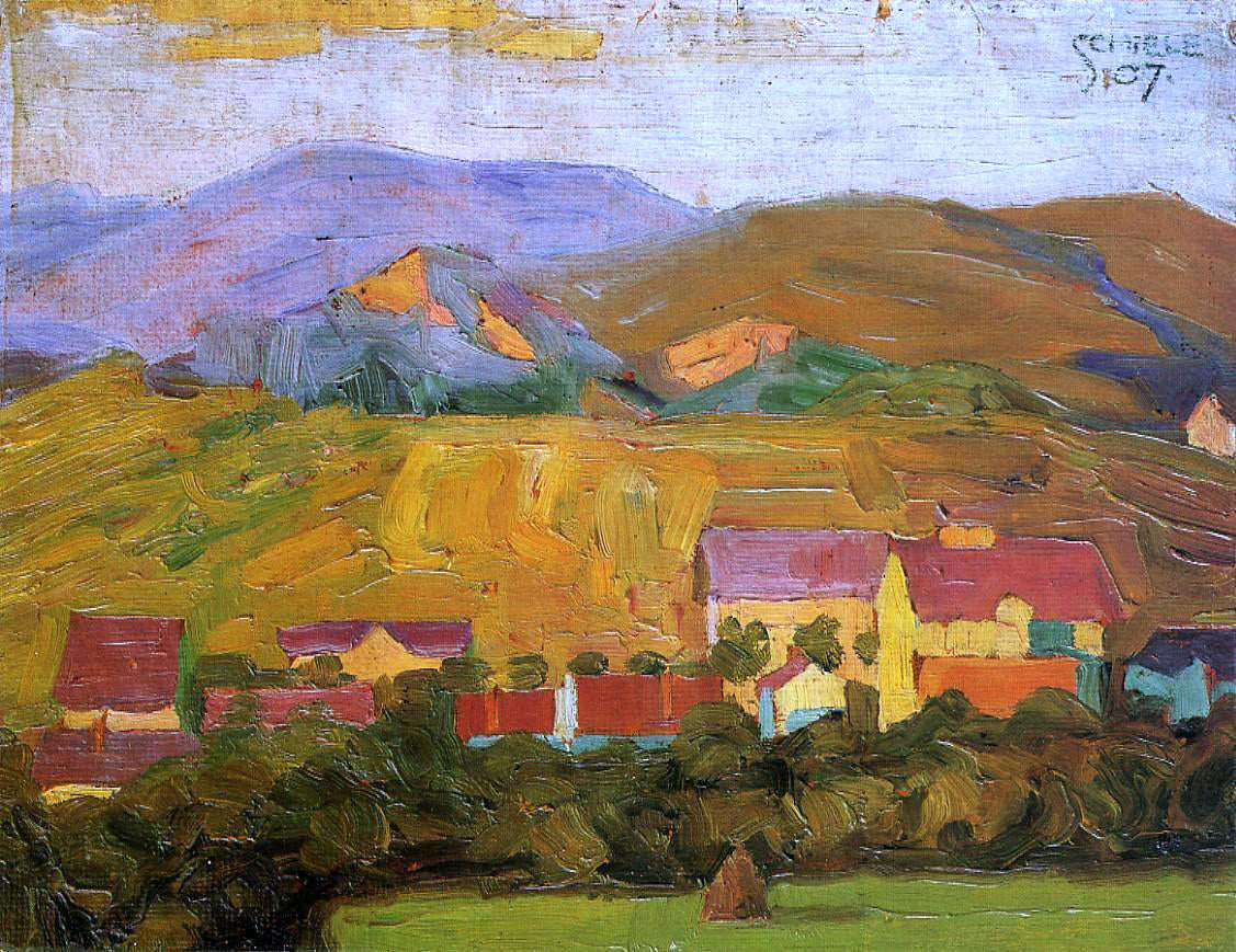  Egon Schiele Village with Mountains - Hand Painted Oil Painting