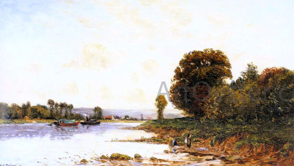  Hippolyte Camille Delpy Washerwomen in a River Lanscape with Steamboats beyond - Hand Painted Oil Painting