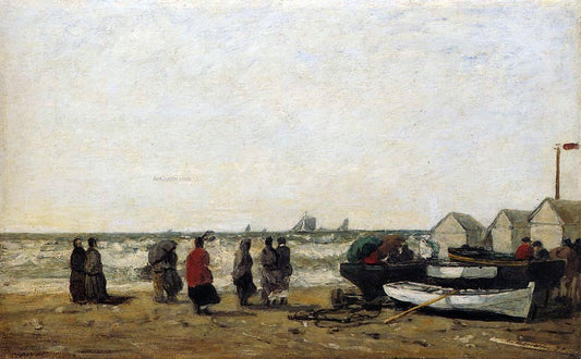  Eugene-Louis Boudin Women on the Beach, Rough Seas - Hand Painted Oil Painting